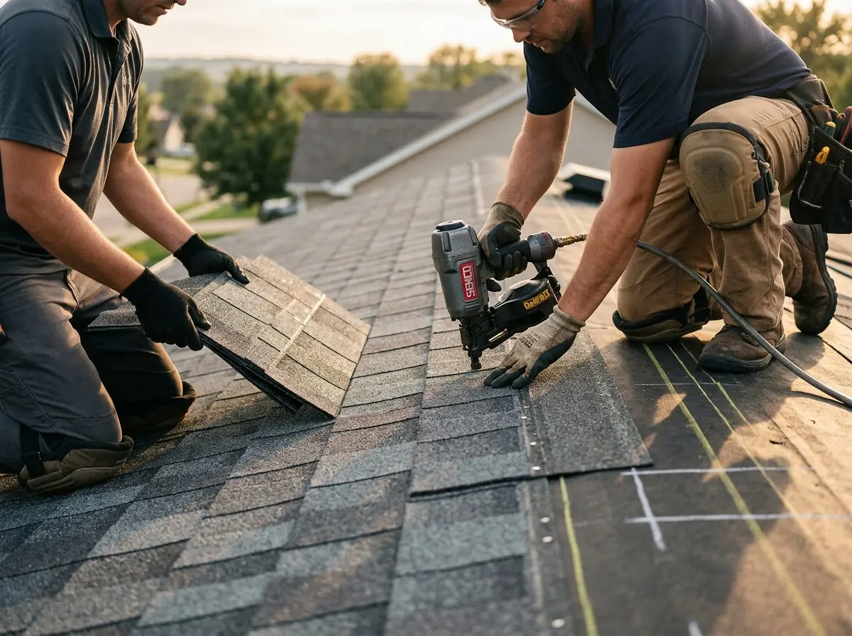 Professional roofer working on a residential roof in Paducah